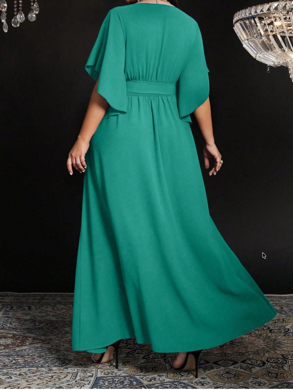  Plus Solid V neck Flounce Sleeve Belted Split Thigh Party Evening Dress - Picture 2 of 15